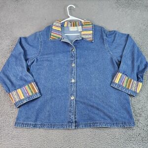 New Identity Jacket Womens XL Blue Denim Embroidered Southwestern Boho Trim